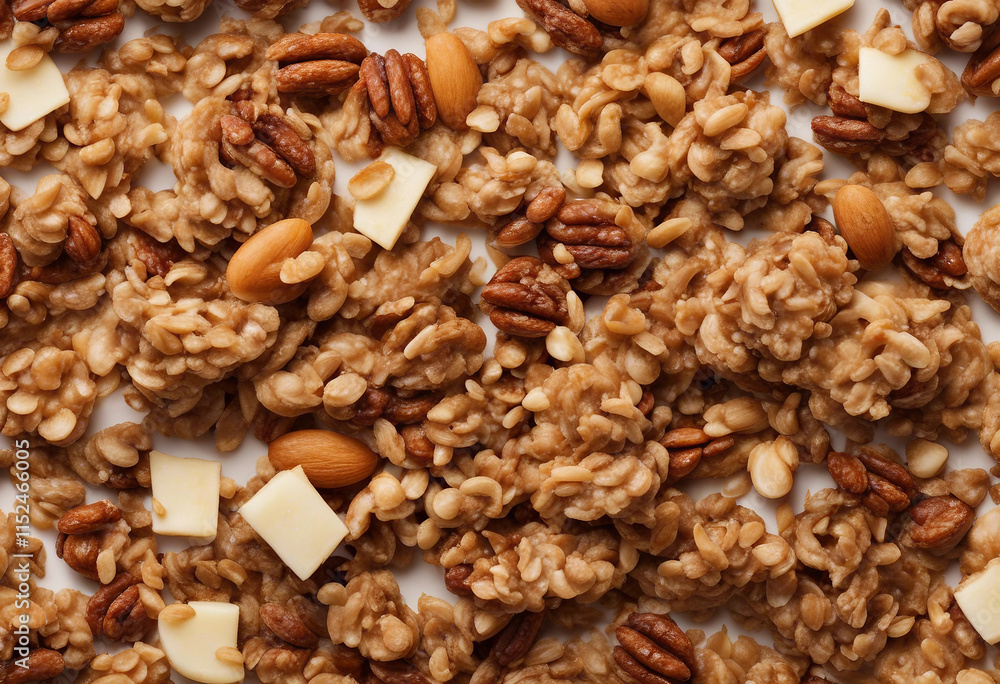 Crunchy granola muesli pile with nuts isolated on white background top view Crunchy granola muesli pile with nuts isolated on white background top view