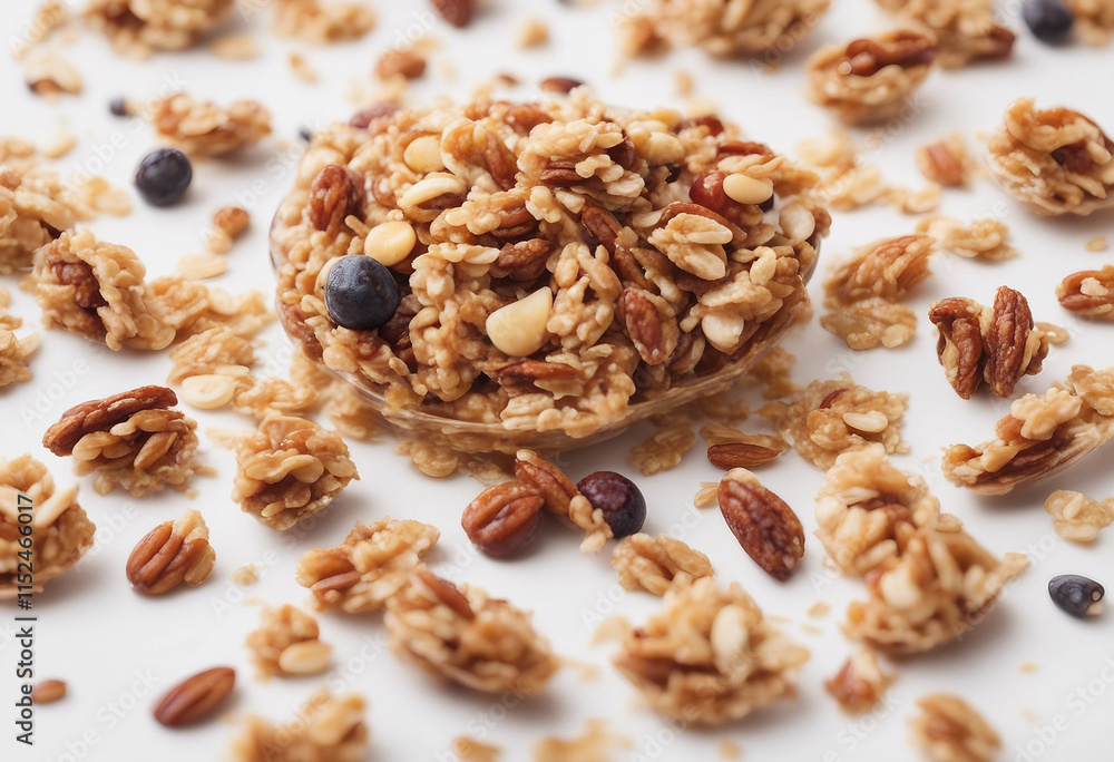 Crunchy granola muesli pile with nuts isolated on white background top view Crunchy granola muesli pile with nuts isolated on white background top view