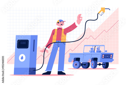 A man tries to catch the hose of a gasoline pump. In the background is a parked pickup truck. Increase in prices for energy, gas, fuel, gasoline, diesel. Vector illustration.
