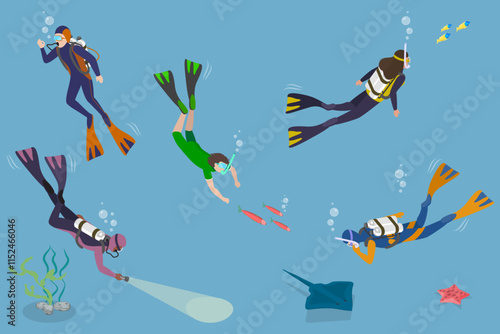 3D Isometric Flat Vector Set of Scuba Divers, Marine Exploring People