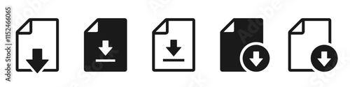 Download document icon set. Download file, document, save folder, link, PDF, software - stock vector.