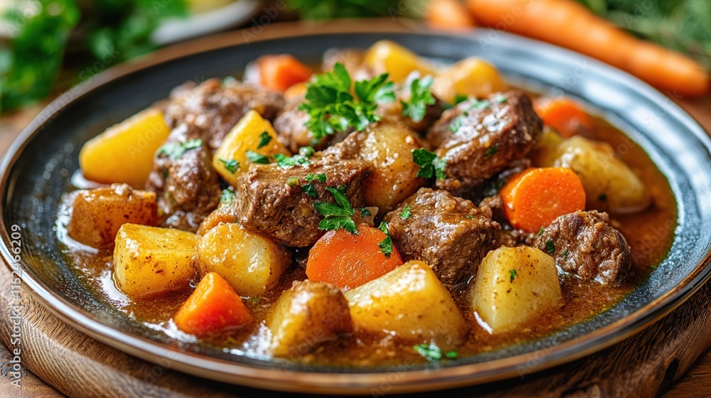 Close-up of a hearty beef stew with potatoes and carrots in a dark bowl. Close-up of a hearty beef stew with potatoes and carrots in a dark bowl.