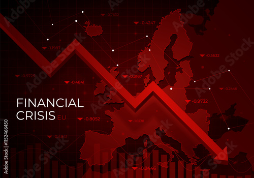 Financial chart with a red falling trend line against Europe, symbolizing the market downturn and financial crisis. Recession in the economy. Decline in macro-economic indicators. Vector illustration.