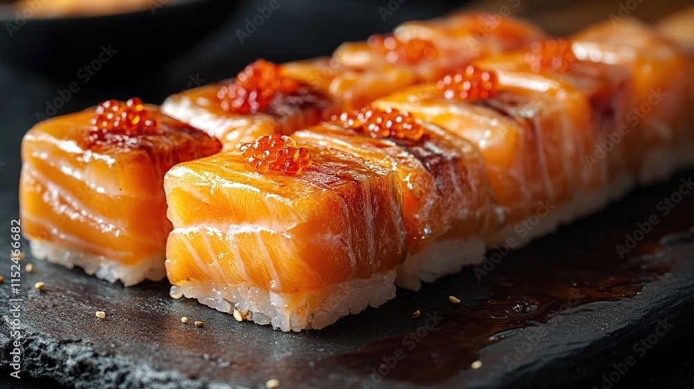 Close-up of salmon sushi pieces topped with orange fish eggs, arranged on a dark stone plate. Close-up of salmon sushi pieces topped with orange fish eggs, arranged on a dark stone plate.