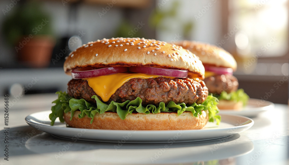 Gourmet Vegan Burgers on White Plate in Sunlit Kitchen Gourmet Vegan Burgers on White Plate in Sunlit Kitchen