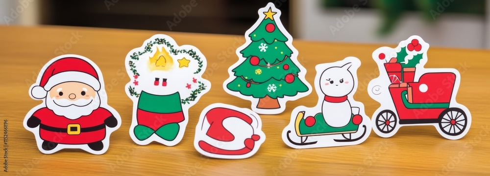Fototapeta premium A delightful collection of Christmas stickers featuring winter and New Year elements like a Christmas tree, sleigh, Santa, snowman, and presents. These modern holiday illustrations are set against a