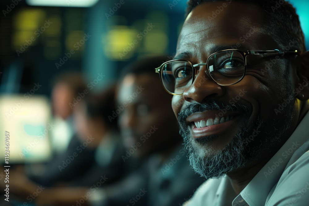 A professional man smiling in a modern office environment, showcasing teamwork and positivity in the workplace. A professional man smiling in a modern office environment, showcasing teamwork and positivity in the workplace.