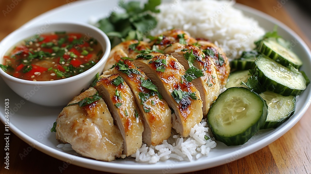 Grilled chicken breast sliced, served with steamed rice, cucumbers, and dipping sauce. Grilled chicken breast sliced, served with steamed rice, cucumbers, and dipping sauce.