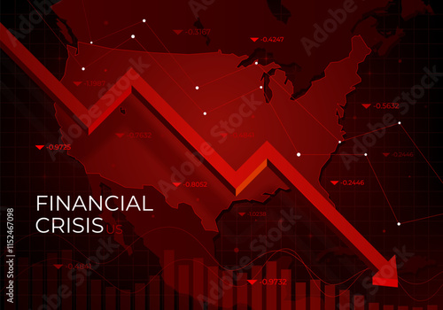 Financial chart with a red falling trend line against USA, symbolizing the market downturn and financial crisis. Recession in the economy. Decline in macro-economic indicators. Vector illustration.