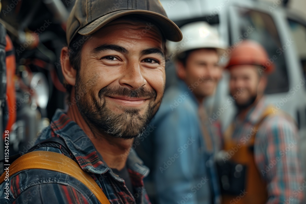 A smiling construction worker in work attire, showcasing camaraderie and dedication in his profession. A smiling construction worker in work attire, showcasing camaraderie and dedication in his profession.