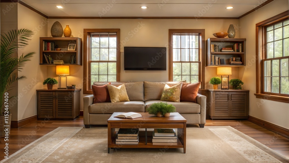 Naklejka premium Modern Living Room with Cozy Neutral Decor and Wooden Accents