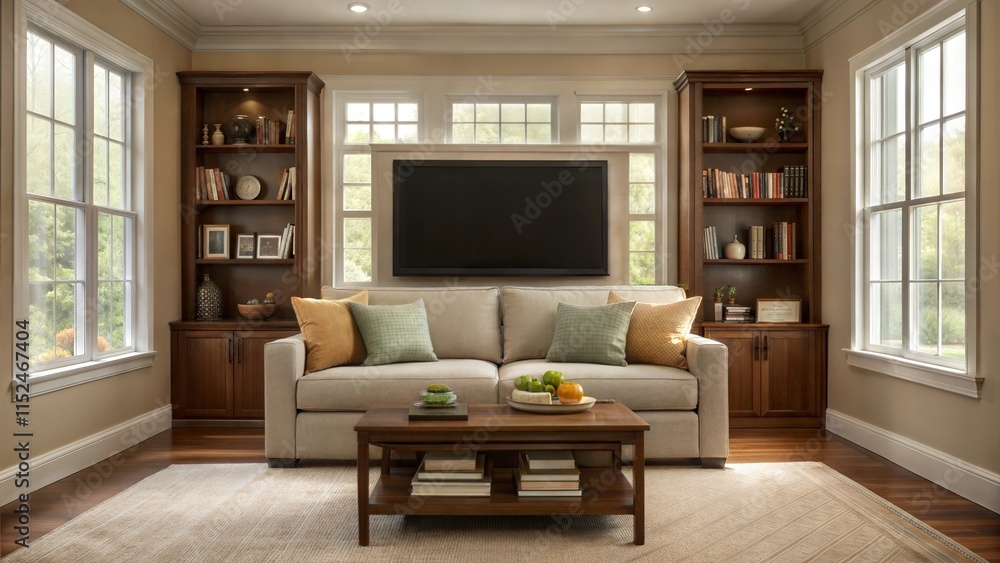 Elegant Living Room with Neutral Decor, TV, and Built-In Shelving
