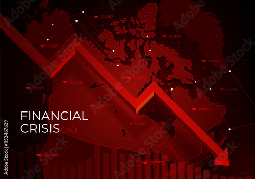 Financial chart with a red falling trend line against Canada, symbolizing the market downturn and financial crisis.
