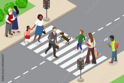 3D Isometric Flat Vector Illustration of Zebra Crosswalk, Pedestrians Safely Navigate City Streets Using Traffic Signals