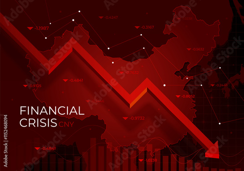 Financial chart with a red falling trend line against China, symbolizing the market downturn and financial crisis. Recession in the economy. Decline in macro-economic indicators. Vector illustration.