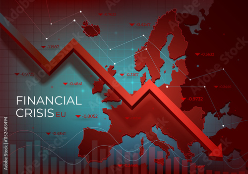 Financial chart with a red falling trend line against Europe, symbolizing the market downturn and financial crisis. Recession in the economy. Decline in macro-economic indicators. Vector illustration.