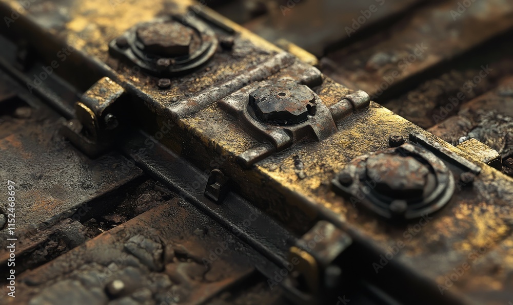 An up-close look at a railway line, featuring the rails, fasteners, and railroad ties. An up-close look at a railway line, featuring the rails, fasteners, and railroad ties.