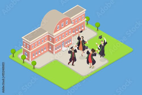 3D Isometric Flat Vector Illustration of Happy Students, Graduation Ceremony In The Campus Park.
