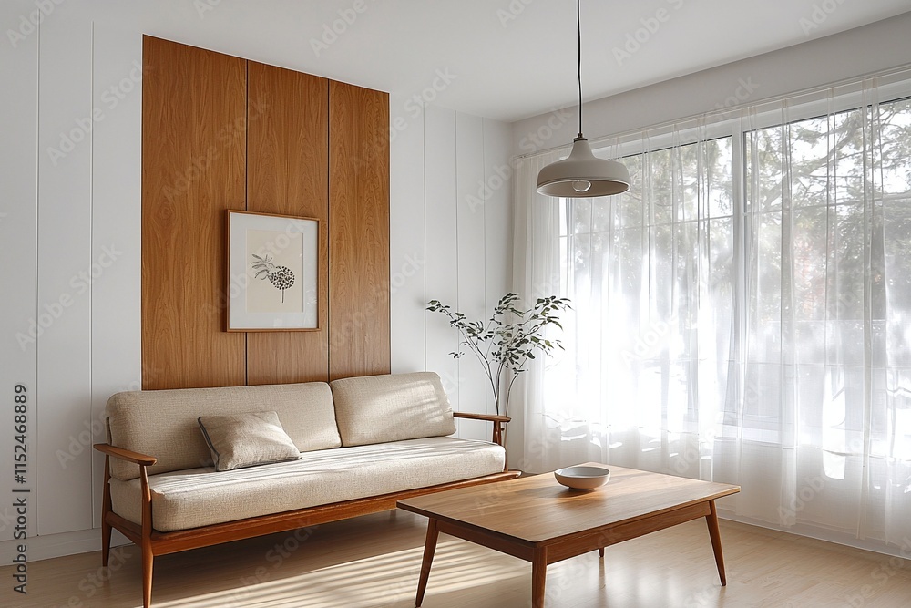 Fototapeta premium A modern minimalist interior in the living room with parts of the wall finished in wood. Generative AI 