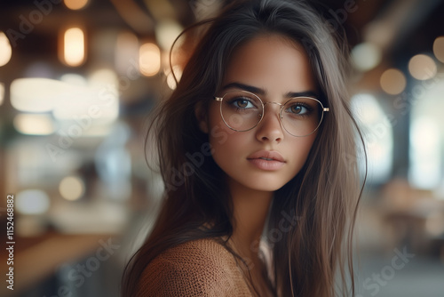 Belle jeune femme brune à lunettes, regard caméra photo