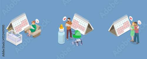 3D Isometric Flat Vector Illustration of Maternity And Paternity Leave, Caring For Newborn Infants