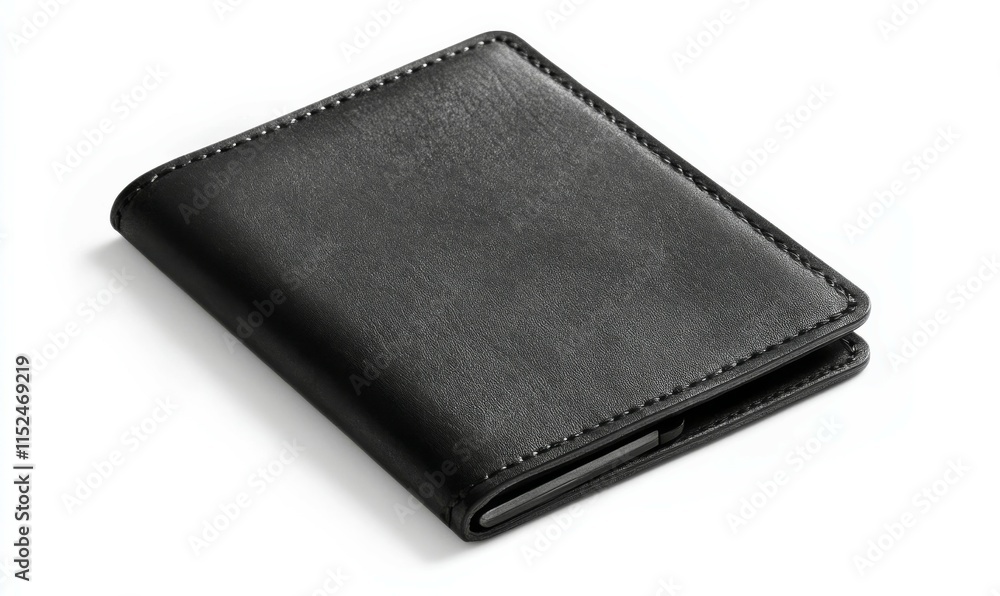An isolated black leather passport case is shown on a white background, top view An isolated black leather passport case is shown on a white background, top view