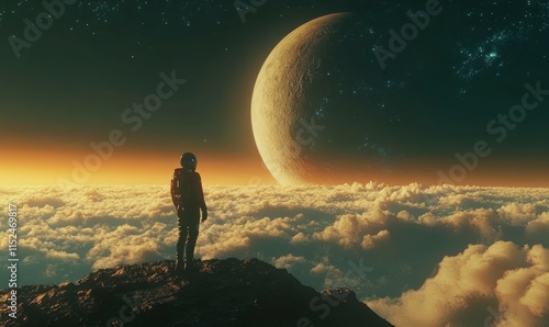 Fototapeta Naklejka Na Ścianę i Meble -  Astronaut standing on a surface overlooking a planet and space with stars and clouds. Futuristic space exploration and sci-fi scene. Cosmic adventure concept.