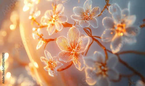 Detailed close-up of a Vietnamese ao dai dress, embroidered floral designs glowing against silk fabric. photo