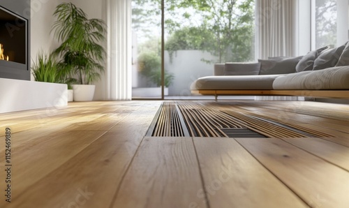 Fototapeta Naklejka Na Ścianę i Meble -  Detailed 3D illustration of a wooden floor with underfloor heating