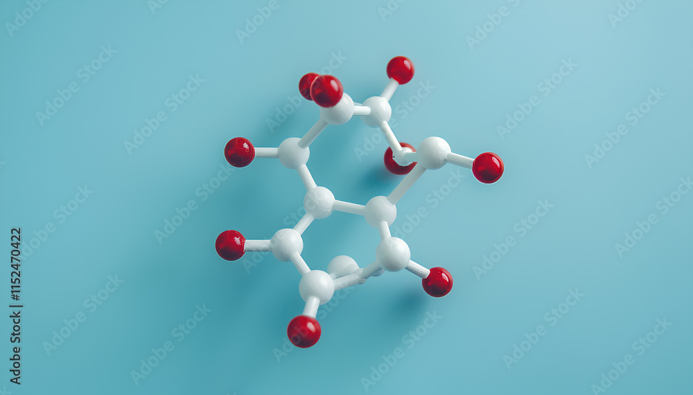 Molecule of phenylalanine on light blue background, top view. Chemical model