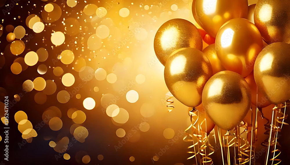 Golden balloons with ribbons on sparkling background for celebration, party, or anniversary Golden balloons with ribbons on sparkling background for celebration, party, or anniversary