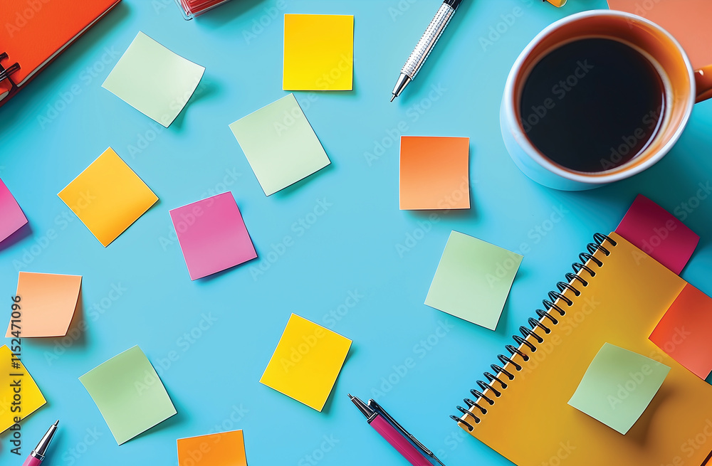 Various stationery items with colorful blank sticky notes on a blue background. Various stationery items with colorful blank sticky notes on a blue background.
