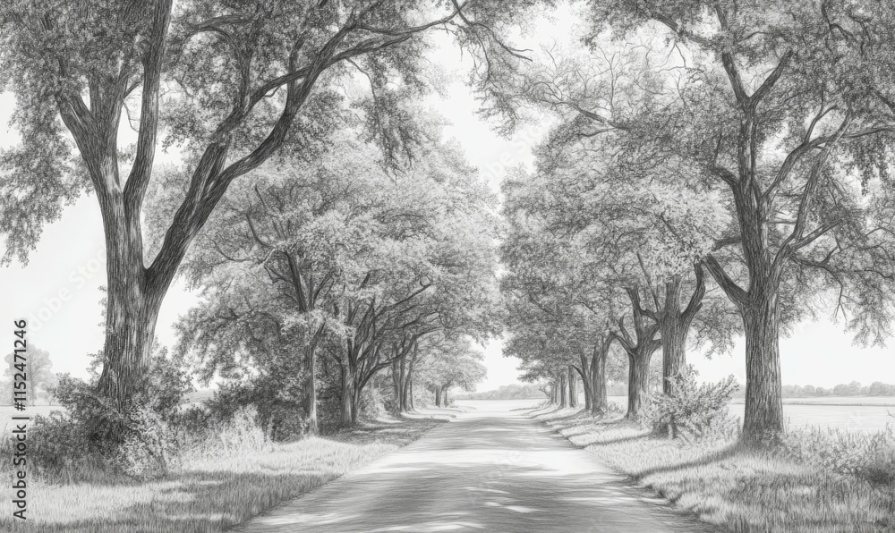 Charming country road lined with tall trees, pencil details of leaves forming a canopy, soft light filtering through branches, nostalgic and serene, Charming country road lined with tall trees, pencil details of leaves forming a canopy, soft light filtering through branches, nostalgic and serene,