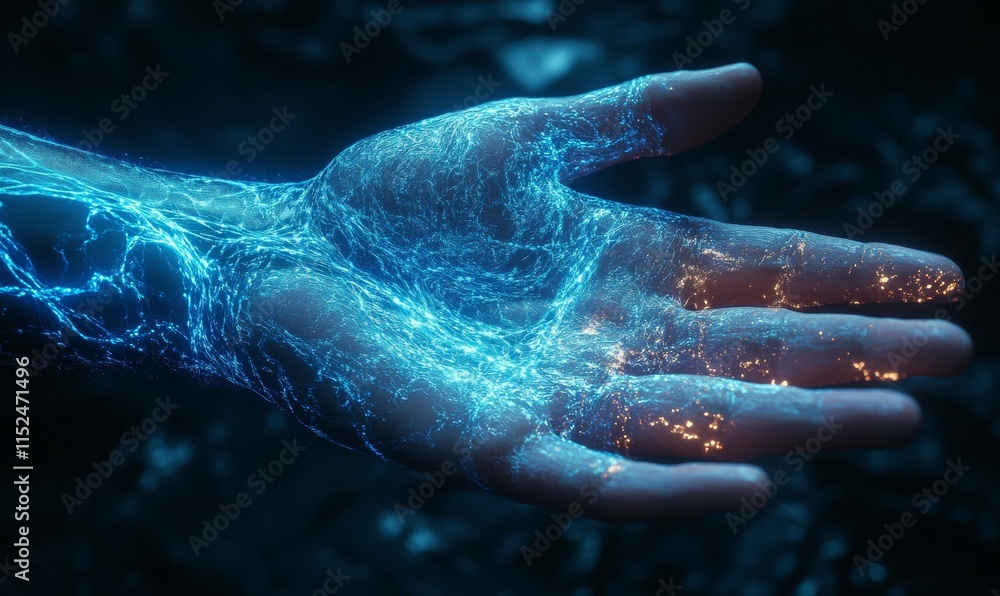 Fototapeta premium Bioengineered hand with glowing blue veins and soft luminescence, merging seamlessly with organic skin.