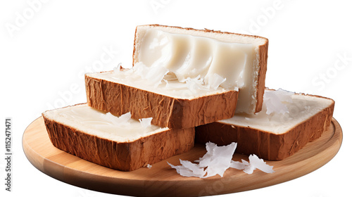 A fresh coconut slice displayed on a clean surface, showcasing tropical freshness and simplicity, studio view, isolated on transparent background. photo