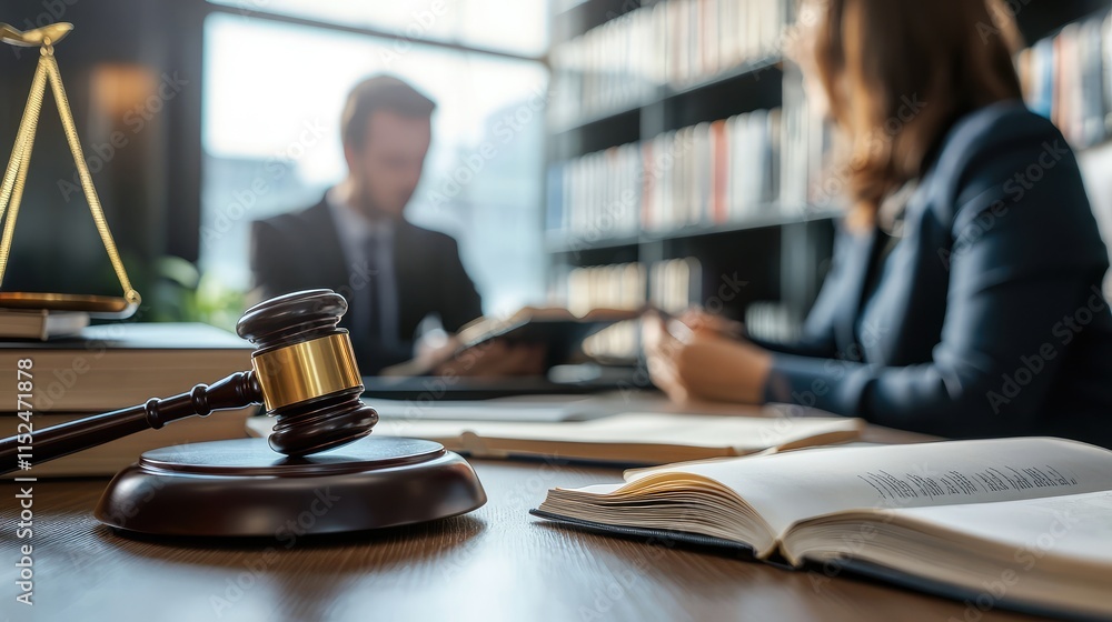 Legal setting with a gavel and professionals discussing a case Legal setting with a gavel and professionals discussing a case