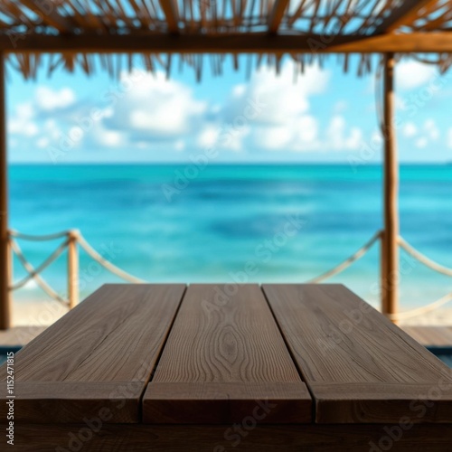 tropical paradise, wooden deck, thatched roof, turquoise ocean, white sandy beach, clear blue sky, wooden railing, calm waters, summer vacation, beachfront view, tranquil scene, Caribbean getaway, idy photo