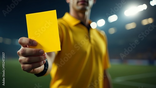 Referee Showing Yellow Card at Night Stadium