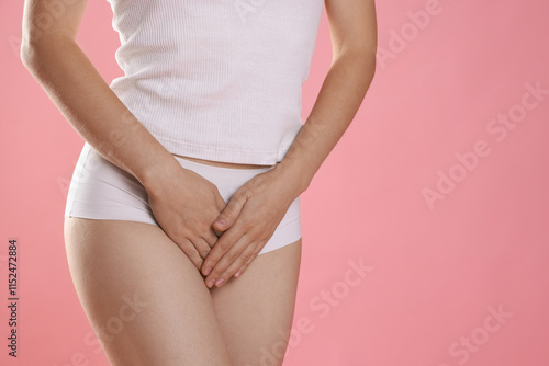 Wallpaper Mural STD (sexually transmitted disease). Woman suffering from symptoms on pink background, closeup. Space for text Torontodigital.ca