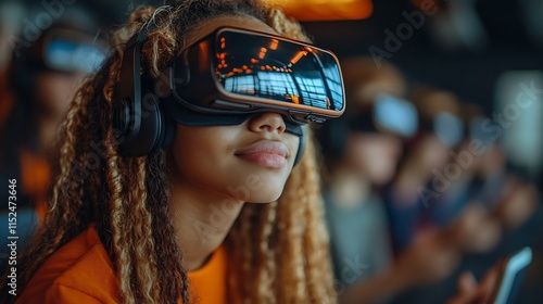 Diverse students engaged learning with tablets and VR headsets collaborating on projects in a futuristic technologyenhanced classroom guided by their teacher photo