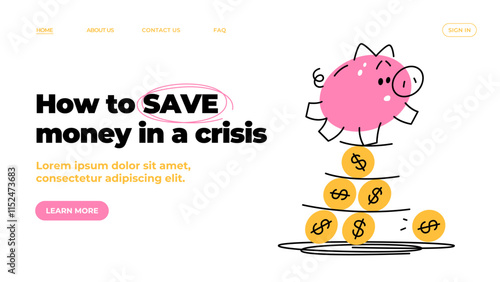 Piggy bank is trying to balance and not fall over. Save money. Template of web banner. Doodle vector illustration.