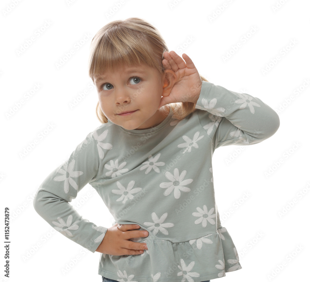 Little girl showing hand to ear gesture on white background Little girl showing hand to ear gesture on white background