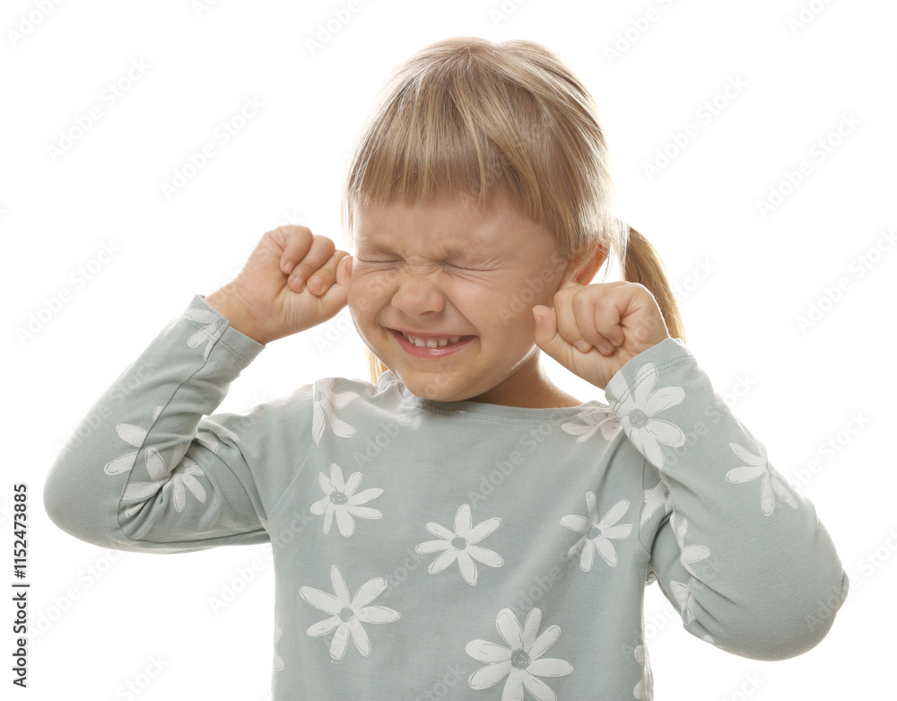 Little girl covering her ears with fingers on white background Little girl covering her ears with fingers on white background
