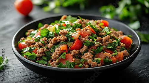 A close-up shot of a delicious kibbeh, a Middle Eastern dish made with ground meat, tomatoes, and parsley, served in a black bowl on a dark surface. photo