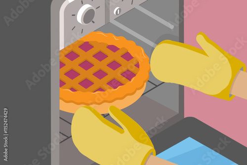 3D Isometric Flat Vector Illustration of Cooking at Home, Baking Pie In Modern Electric Oven