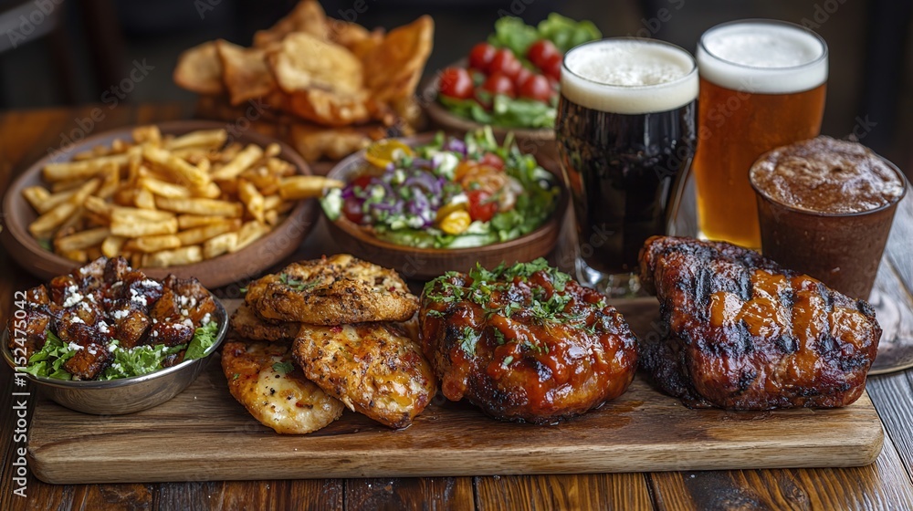 Obraz premium A wooden board laden with grilled meats, fries, pita bread, salad, and two glasses of beer.