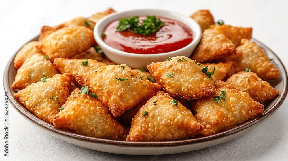 Golden-brown fried pastries arranged on a plate with a small bowl of ketchup and parsley garnish. Golden-brown fried pastries arranged on a plate with a small bowl of ketchup and parsley garnish.