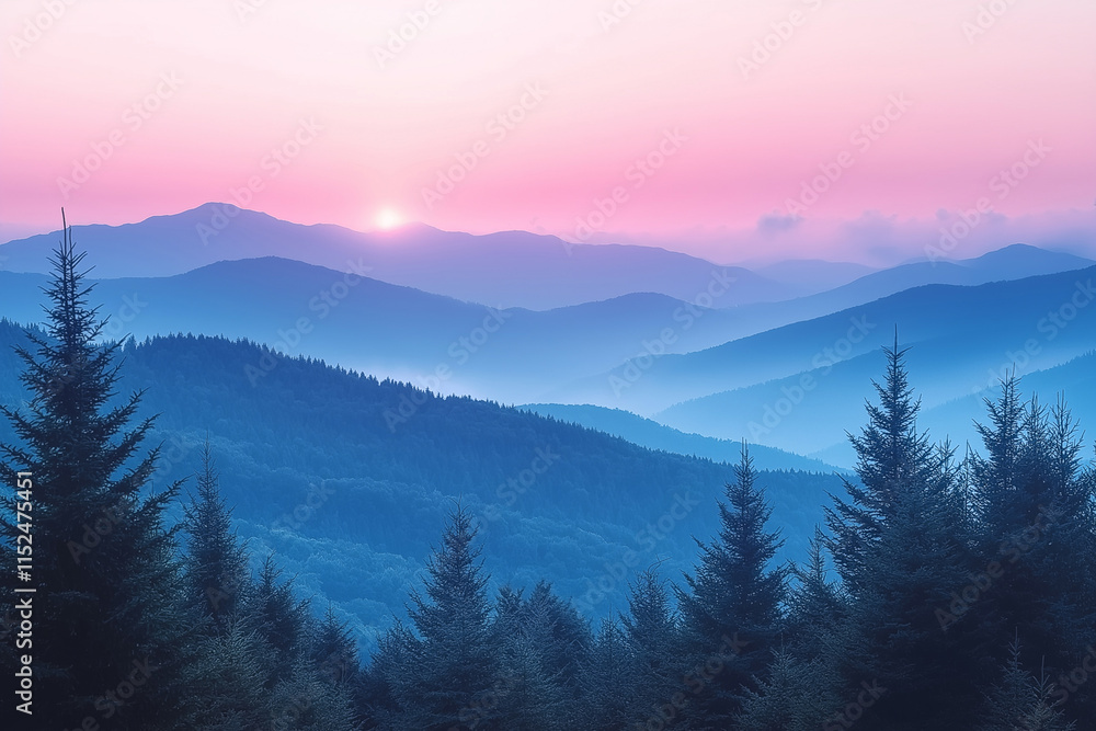 Obraz premium Majestic sunrise over misty mountain ranges in a tranquil landscape. Generative AI