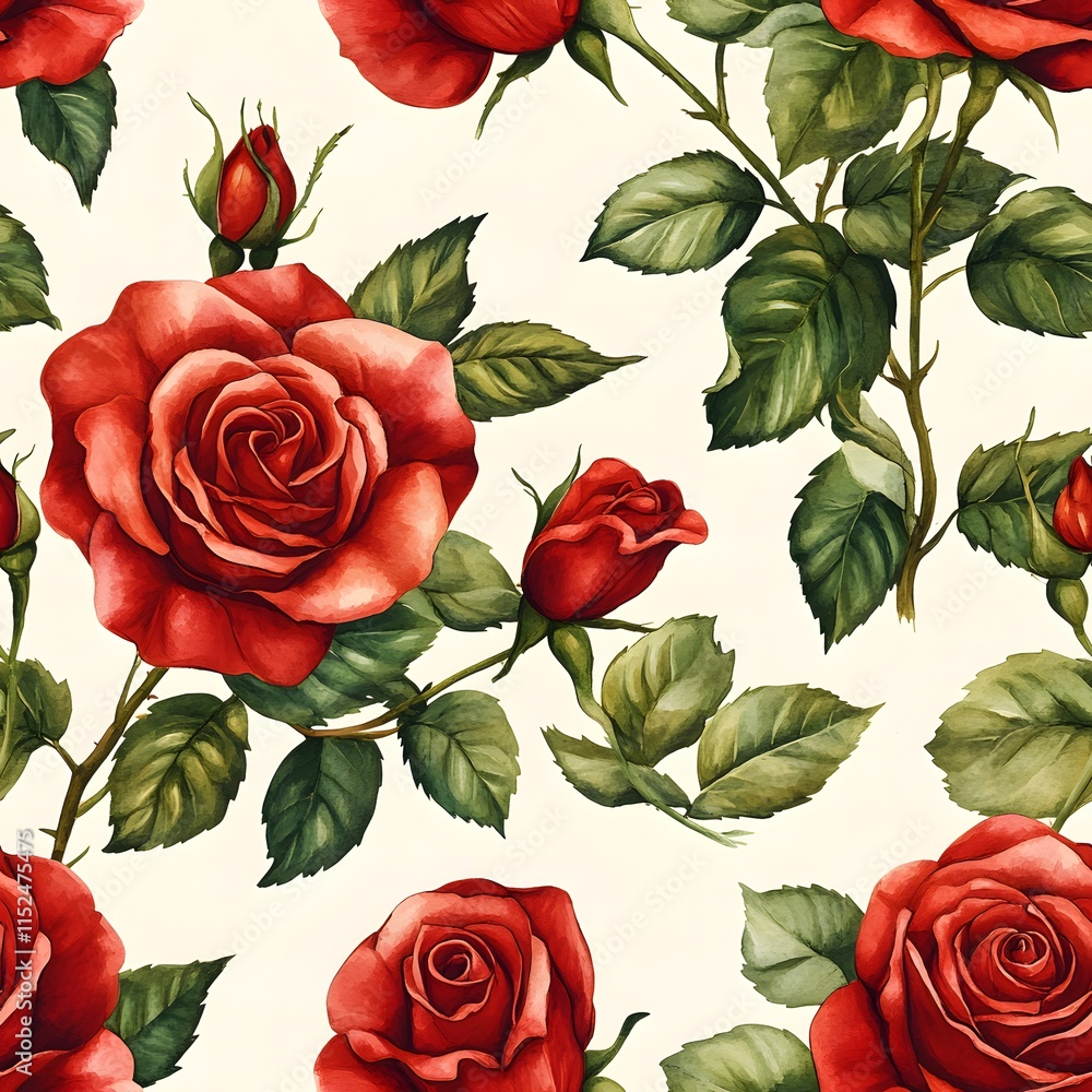 Fototapeta premium Watercolor illustration of red roses and green leaves forming a seamless floral pattern on a white background