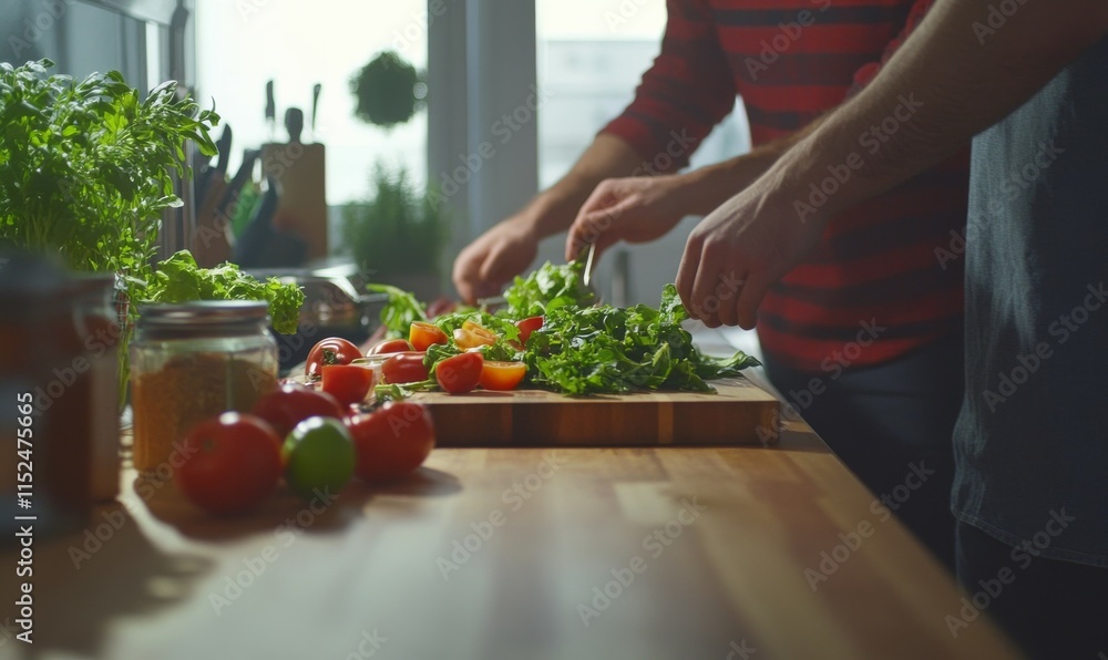 Couple preparing a fresh salad together, colorful ingredients on a wooden countertop, modern kitchen filled with natural light, teamwork in healthy living, Couple preparing a fresh salad together, colorful ingredients on a wooden countertop, modern kitchen filled with natural light, teamwork in healthy living,